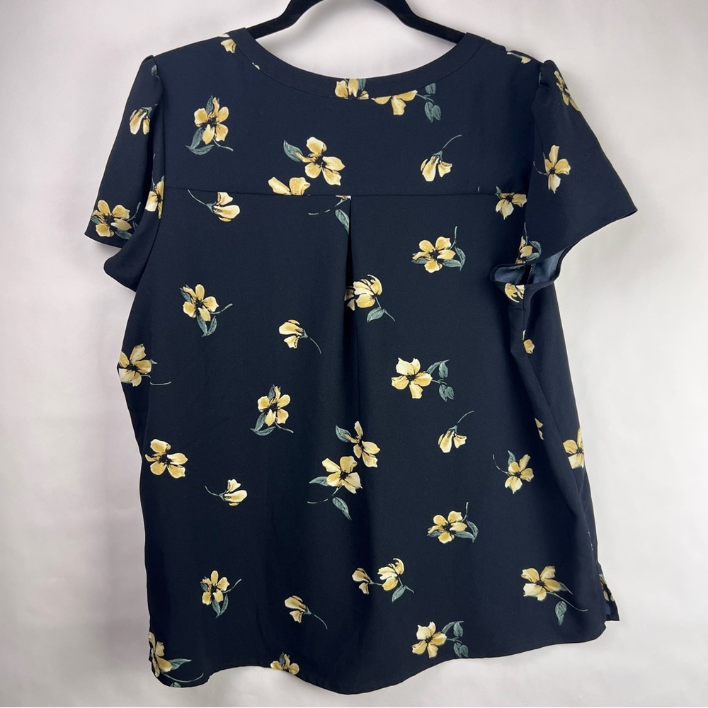 Hilary Radley Navy Floral Blouse, Yellow Flowers, Polyester, Flutter Sleeve Top - Picture 8 of 12